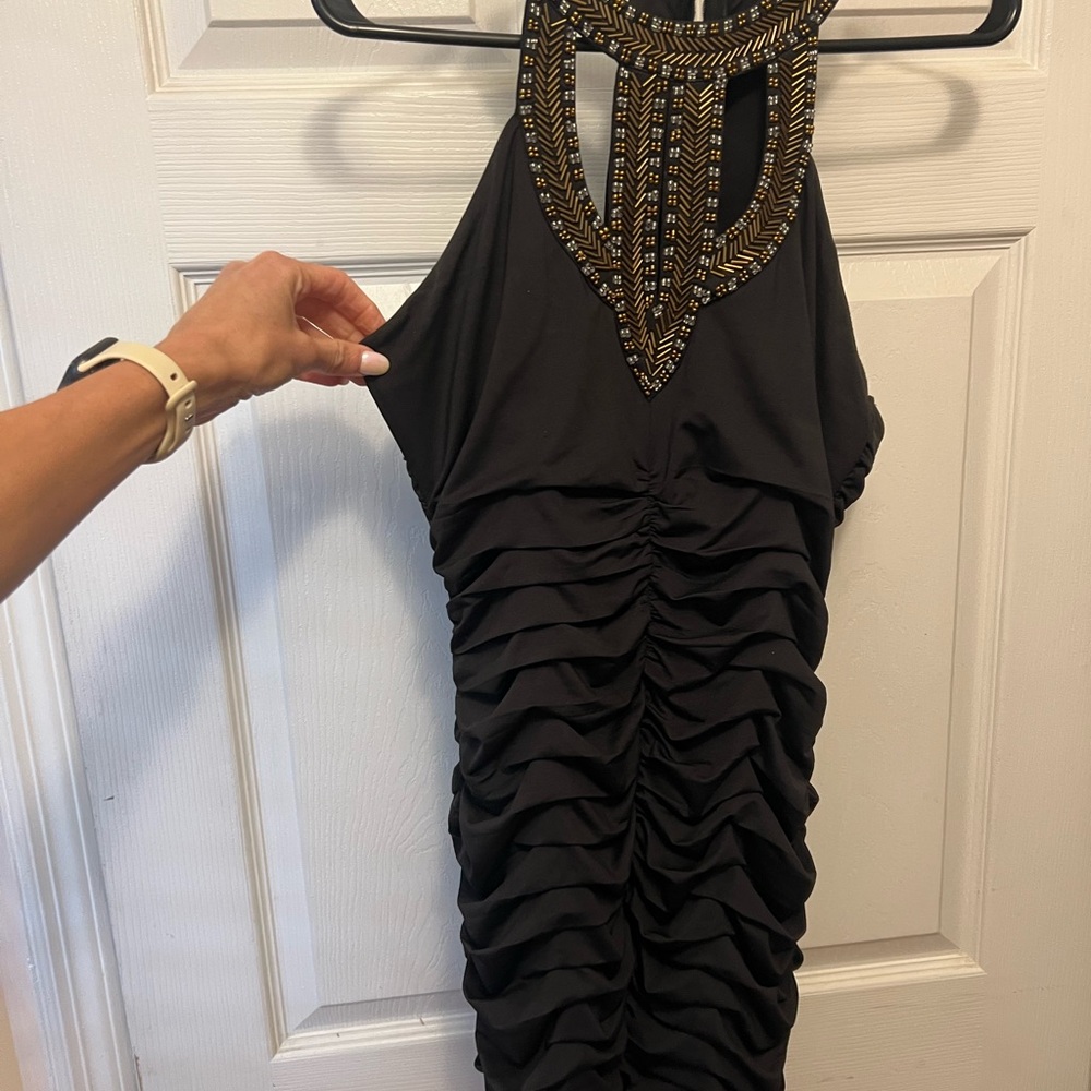 Nikibiki Black and Gold Embellished Ruched Cocktail Dress